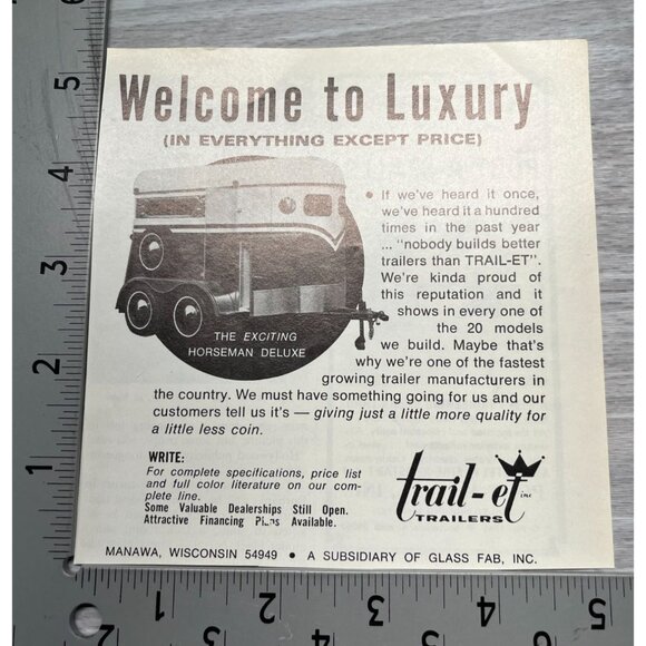 Trail-Et Trailers Vintage Print Ad 1970s Manawa WI Horseman Deluxe Horse Trailer - Picture 2 of 6